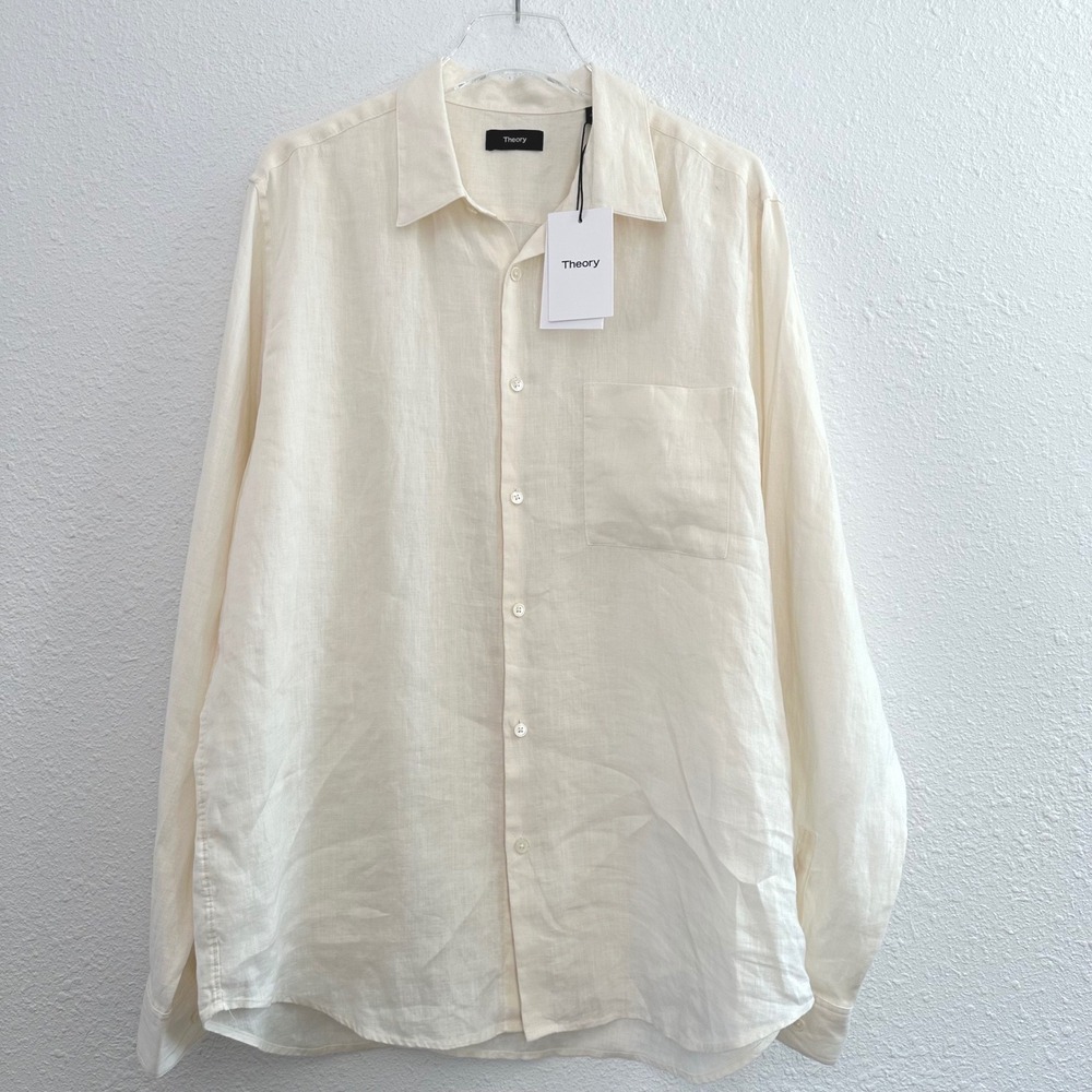 Theory Irving PA Button Down Shirt Men XL Ivory Precise Linen Long Sleeve Coast